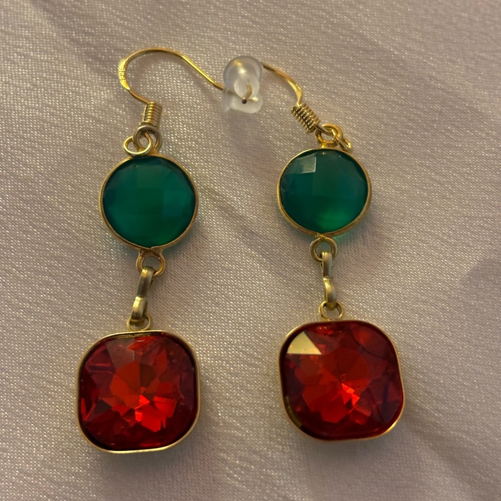Handmade dangle earrings natural green onyx and ruby red glass focal beads 2.5in